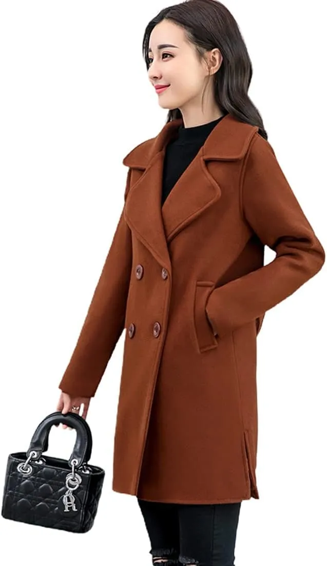 ebossy Women's Trench Jacket Double Breasted Wool Blend Mid-Long Pea Coat