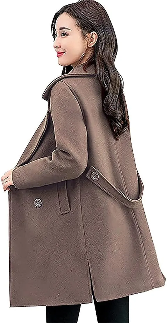 ebossy Women's Trench Jacket Double Breasted Wool Blend Mid-Long Pea Coat