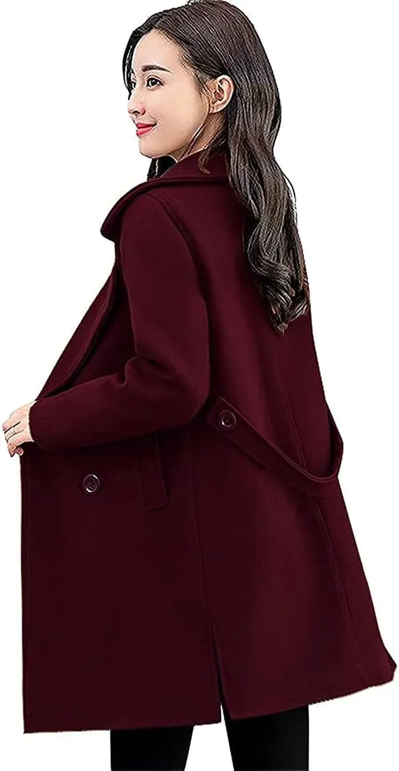 ebossy Women's Trench Jacket Double Breasted Wool Blend Mid-Long Pea Coat