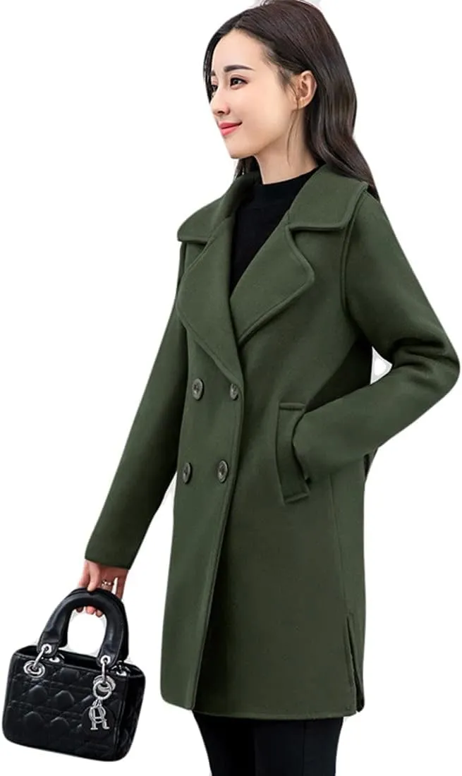 ebossy Women's Trench Jacket Double Breasted Wool Blend Mid-Long Pea Coat