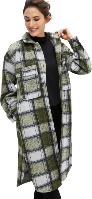 ellos Women's Plus Size Wool Blend Long Shirt Jacket Oversized Shacket