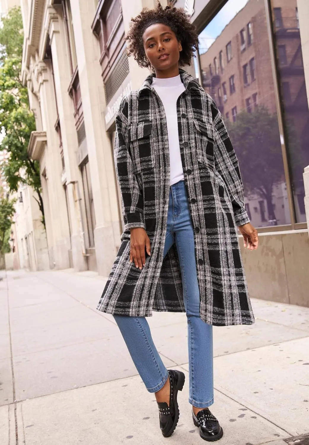 ellos Women's Plus Size Wool Blend Long Shirt Jacket Oversized Shacket