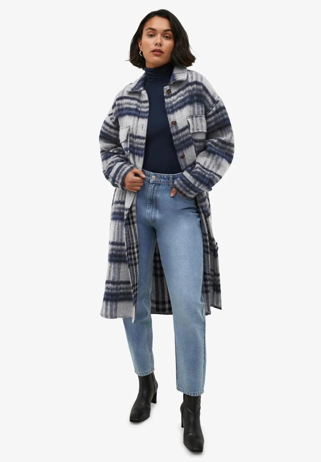 ellos Women's Plus Size Wool Blend Long Shirt Jacket Oversized Shacket