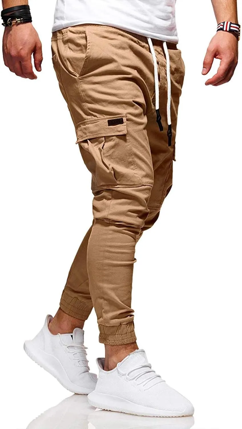 evzosrz Men Joggers Cargo Pants Slim Fit Drawstring Sports Athletic Workout Fitness Track Tapered Jogging Trousers Sweatpants