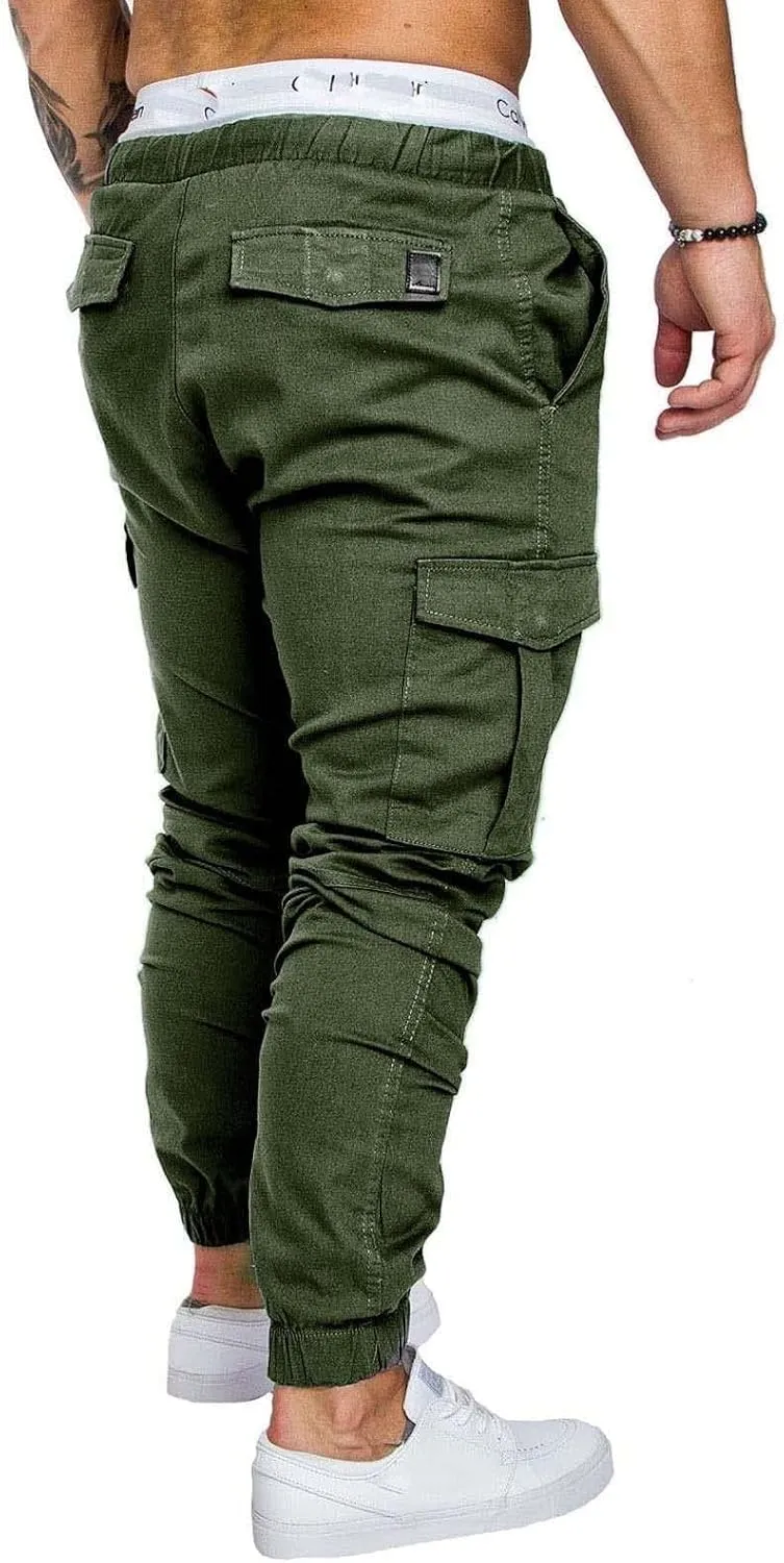 evzosrz Men's Jogger Pants Multi Pockets Sports Drawstring Trousers Elastic Waist Stretch Slim Fit Sports Cargo Pants