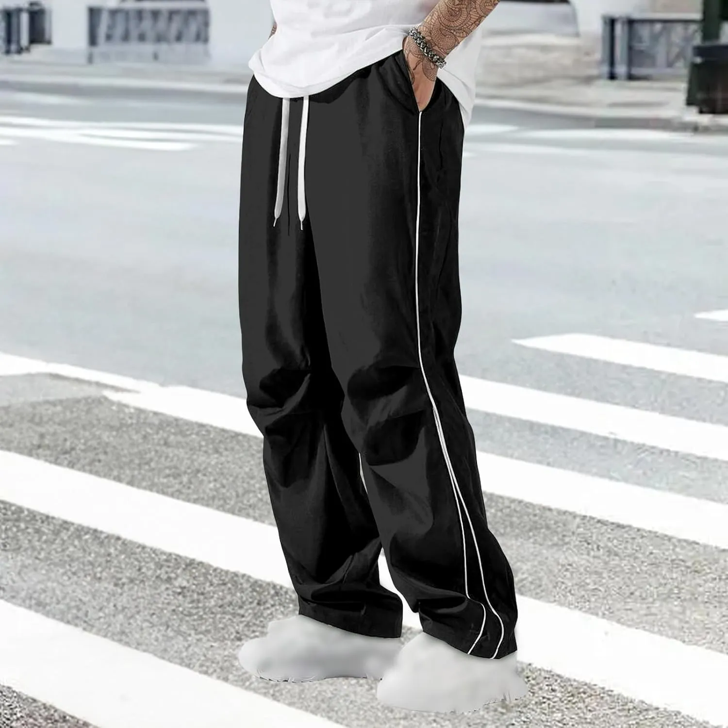 evzosrz Men's Parachute Sweatpants Y2k Summer Side Stripes Baggy Track Pants 2025 Casual Quick Dry Sports Trousers Streetwear