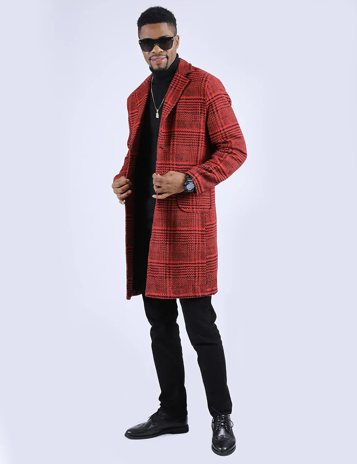 Faleave Men's Trench Coat Plaid Wool Blend Notch Lapel Single Breasted Mid Long Peacoat