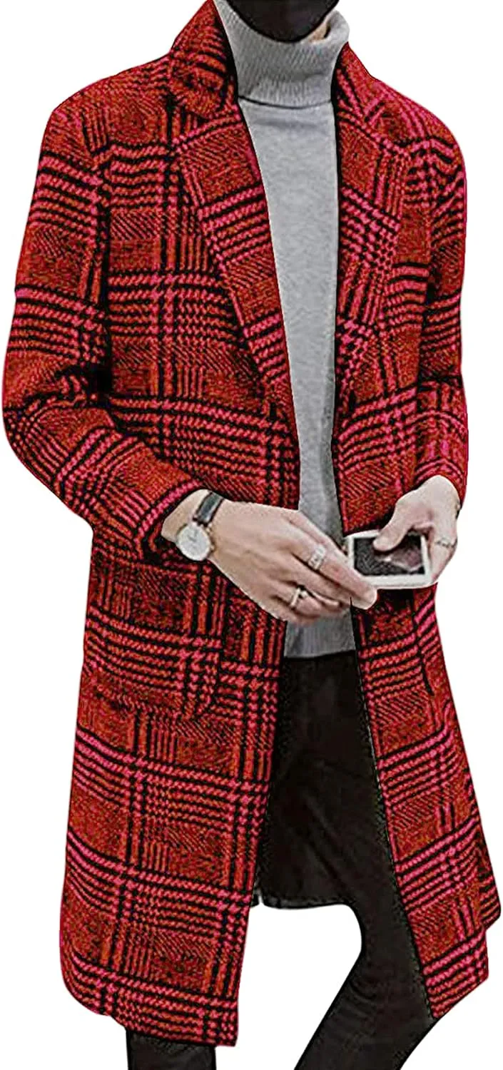 Faleave Men's Trench Coat Plaid Wool Blend Notch Lapel Single Breasted Mid Long Peacoat