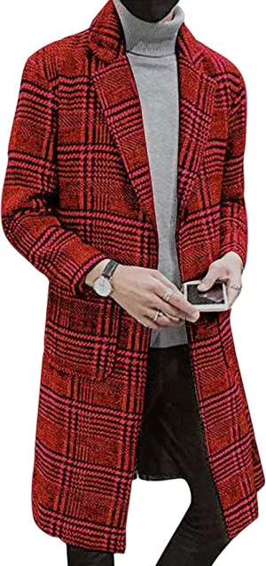 Faleave Men's Trench Coat Plaid Wool Blend Notch Lapel Single Breasted Mid Long Peacoat