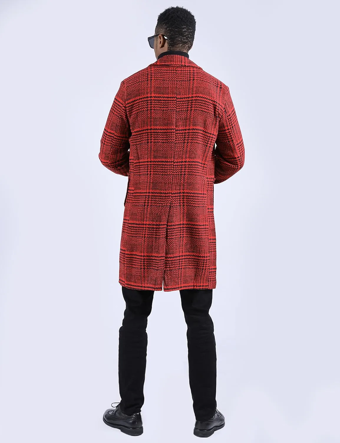 Faleave Men's Trench Coat Plaid Wool Blend Notch Lapel Single Breasted Mid Long Peacoat