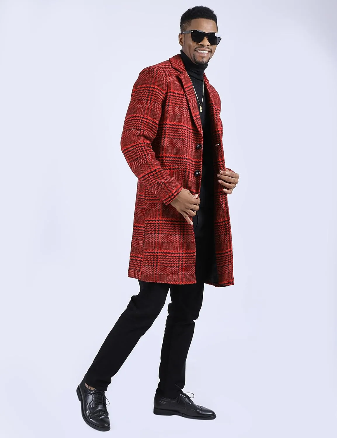 Faleave Men's Trench Coat Plaid Wool Blend Notch Lapel Single Breasted Mid Long Peacoat