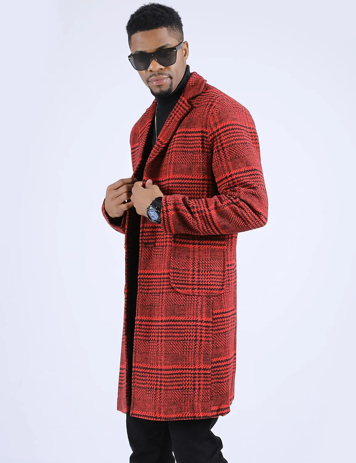 Faleave Men's Trench Coat Plaid Wool Blend Notch Lapel Single Breasted Mid Long Peacoat