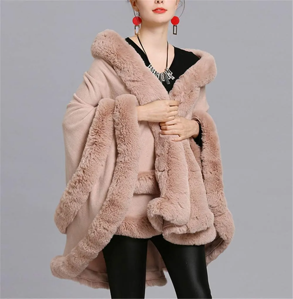 Faux Fur Hooded Coat Knitted Cloak Poncho Wedding Evening Prom Cape