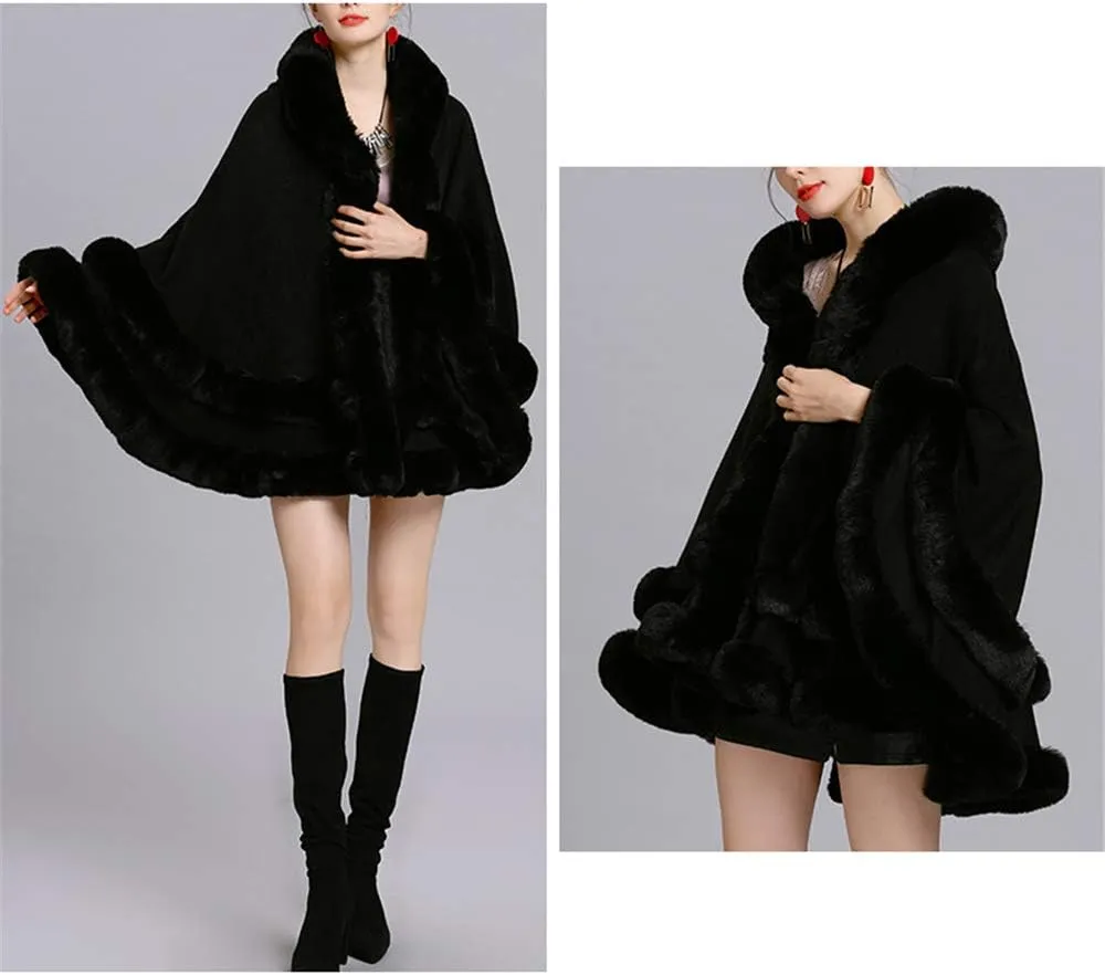 Faux Fur Hooded Coat Knitted Cloak Poncho Wedding Evening Prom Cape