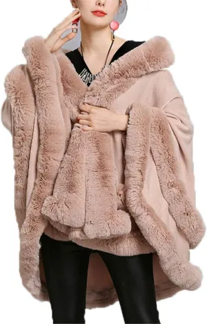 Faux Fur Hooded Coat Knitted Cloak Poncho Wedding Evening Prom Cape