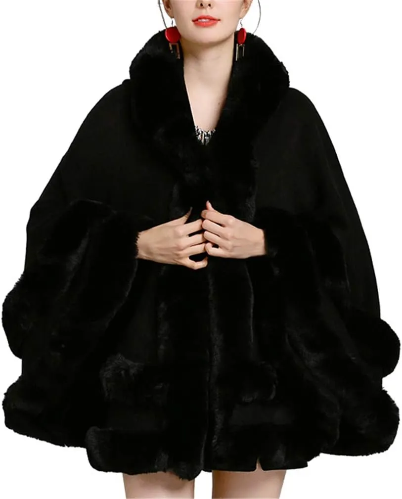 Faux Fur Hooded Coat Knitted Cloak Poncho Wedding Evening Prom Cape