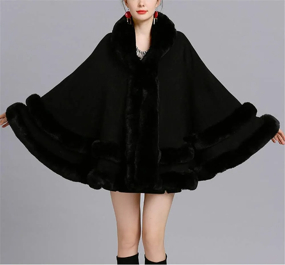 Faux Fur Hooded Coat Knitted Cloak Poncho Wedding Evening Prom Cape