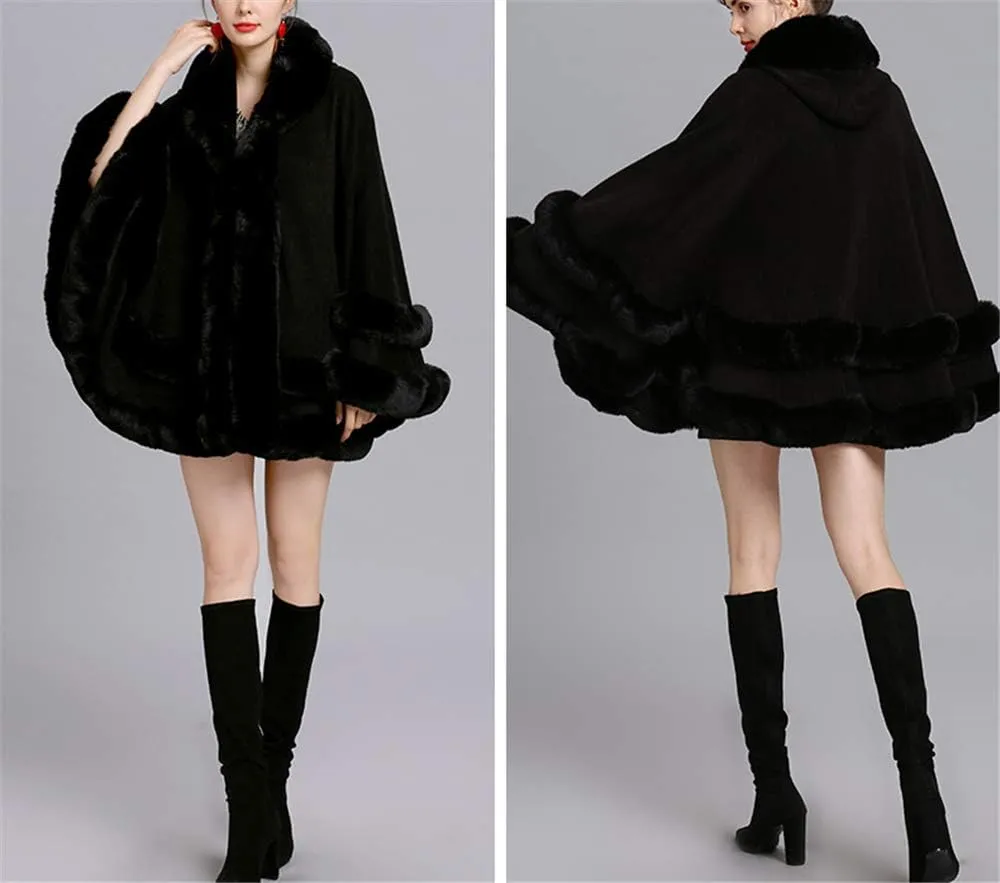 Faux Fur Hooded Coat Knitted Cloak Poncho Wedding Evening Prom Cape