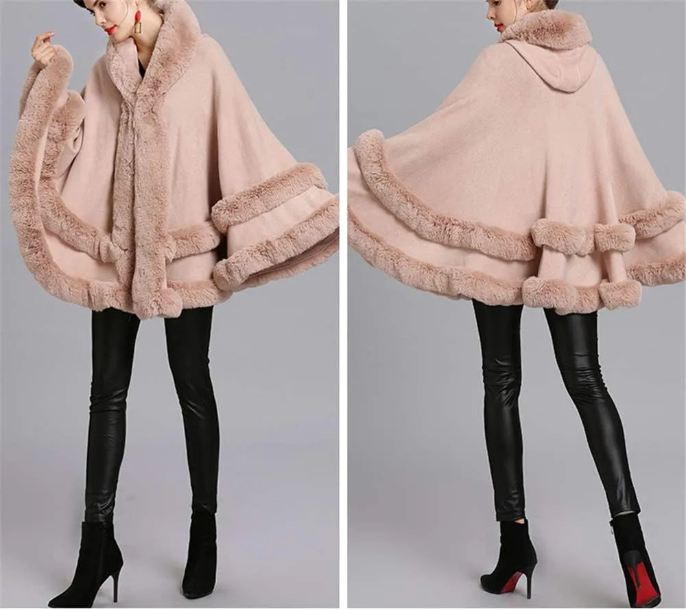 Faux Fur Hooded Coat Knitted Cloak Poncho Wedding Evening Prom Cape