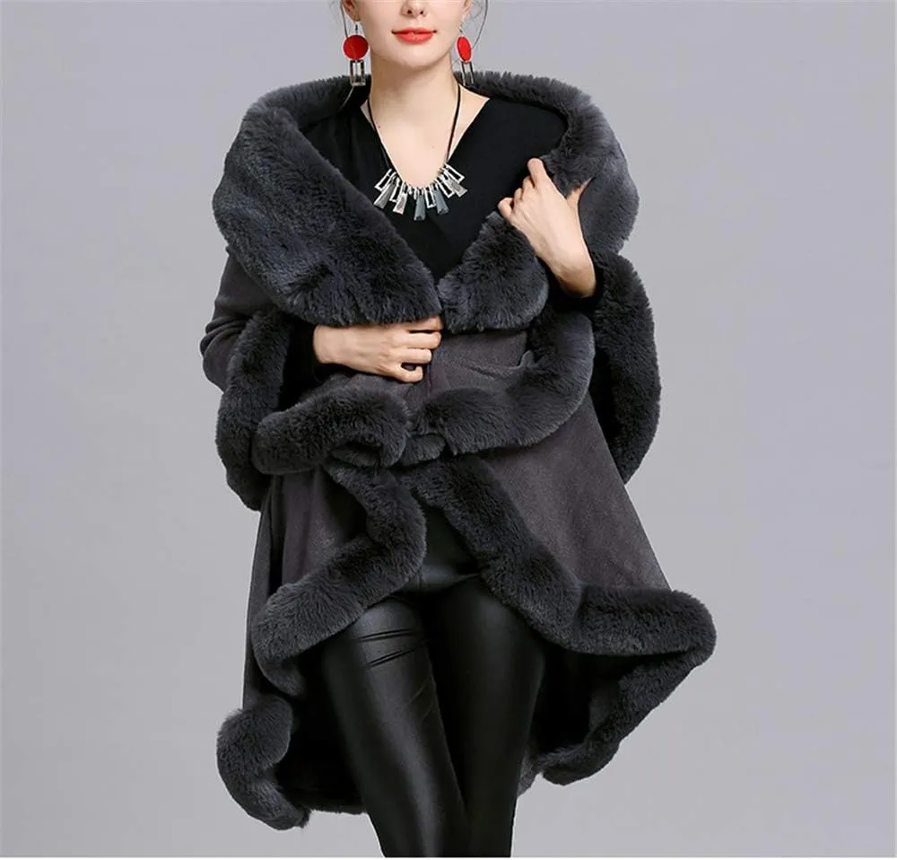 Faux Fur Hooded Coat Knitted Cloak Poncho Wedding Evening Prom Cape