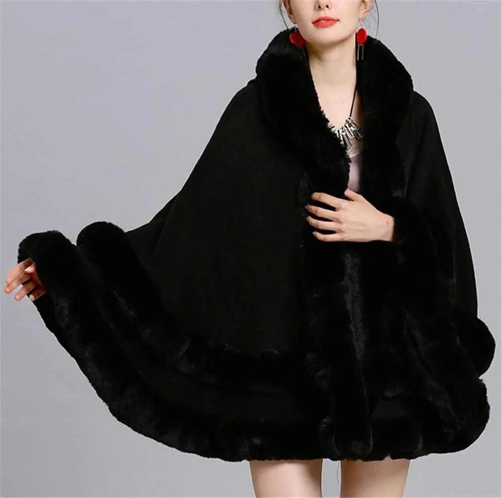 Faux Fur Hooded Coat Knitted Cloak Poncho Wedding Evening Prom Cape