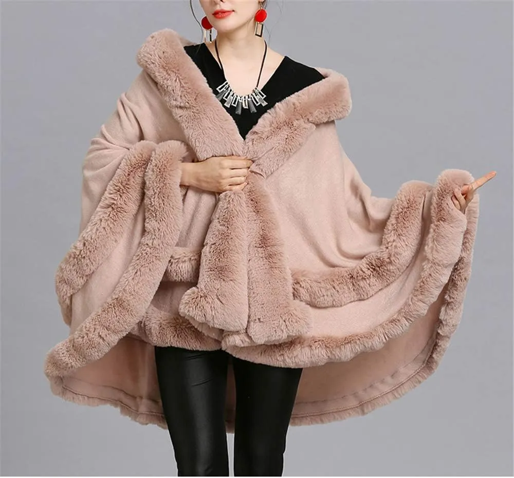Faux Fur Hooded Coat Knitted Cloak Poncho Wedding Evening Prom Cape