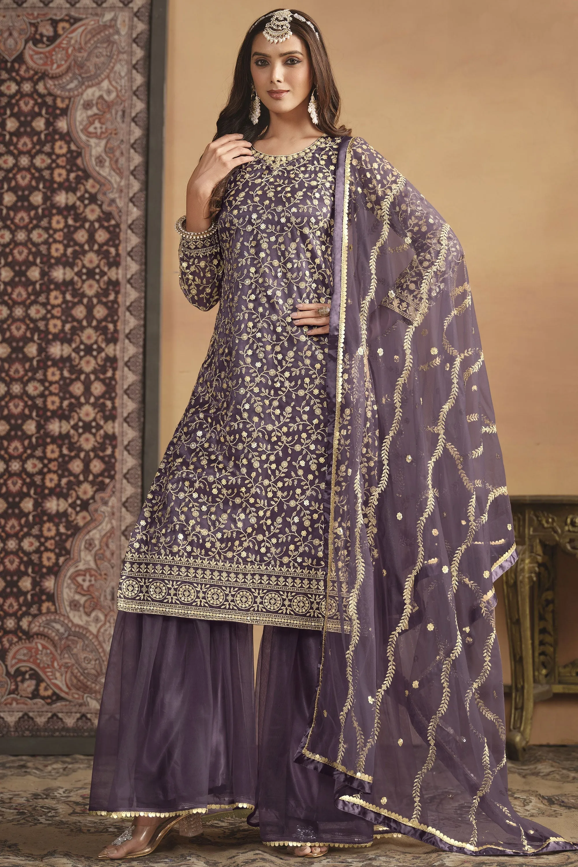 Festival Wear Purple Color Aristocratic Net Fabric Palazzo Suit