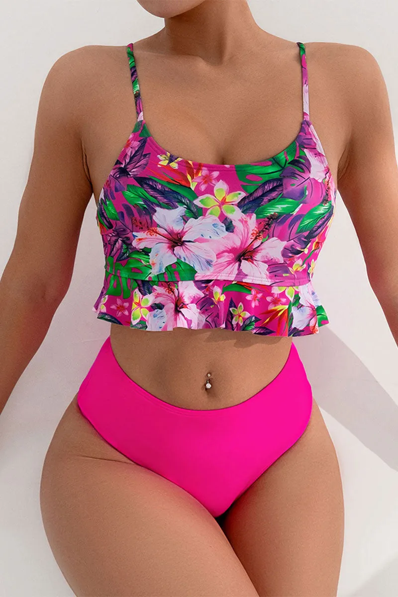 Floral Print Scoop Neck Chic Ruffled Bikini