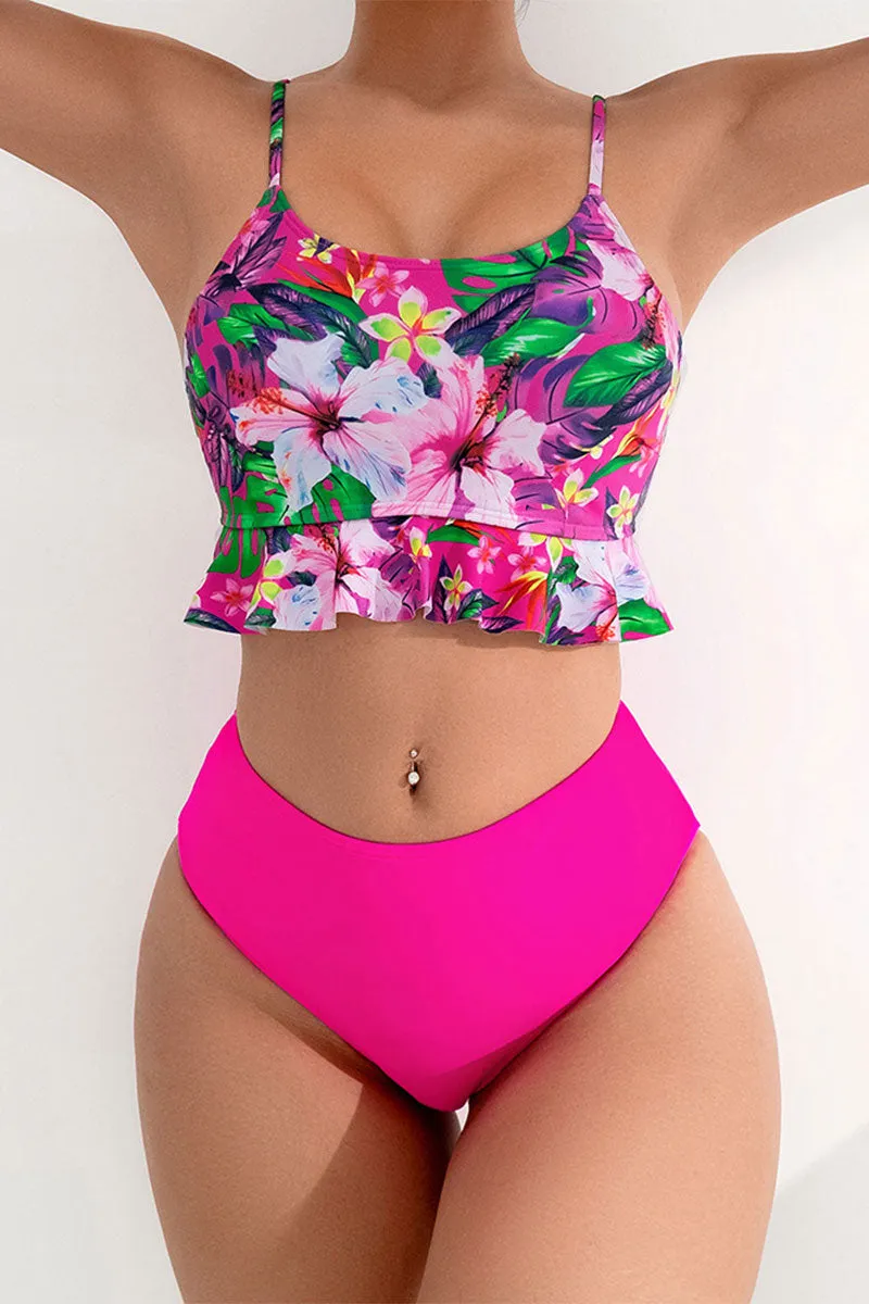 Floral Print Scoop Neck Chic Ruffled Bikini