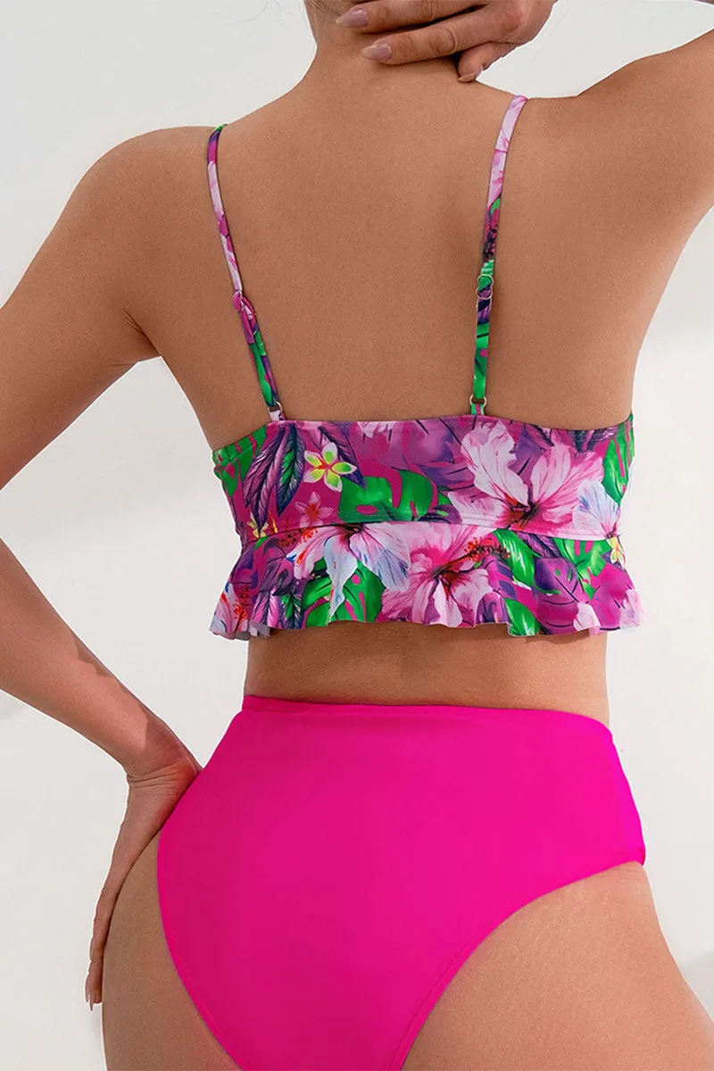 Floral Print Scoop Neck Chic Ruffled Bikini