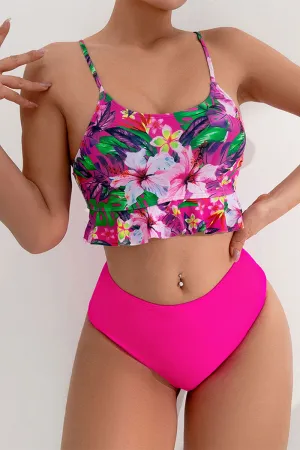 Floral Print Scoop Neck Chic Ruffled Bikini