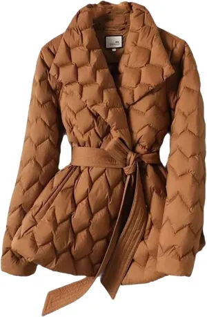 Fnfmrfmr Women's Lightweight Down Jacket Tie Belt Long Cotton White Duck Parka Long Sleeve Pockets Coat