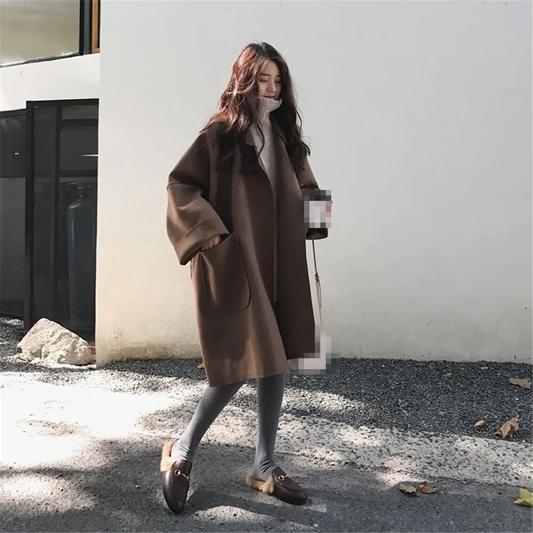 Fnfmrfmr Women's Woolen Trench Coat Vintage Batwing Sleeve Jacket Mid-Length Loose Lapel Cardigan
