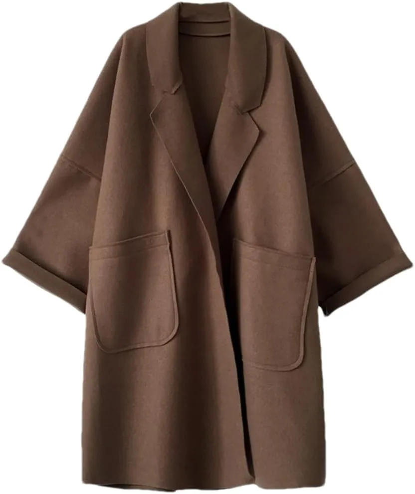 Fnfmrfmr Women's Woolen Trench Coat Vintage Batwing Sleeve Jacket Mid-Length Loose Lapel Cardigan