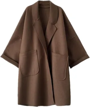 Fnfmrfmr Women's Woolen Trench Coat Vintage Batwing Sleeve Jacket Mid-Length Loose Lapel Cardigan