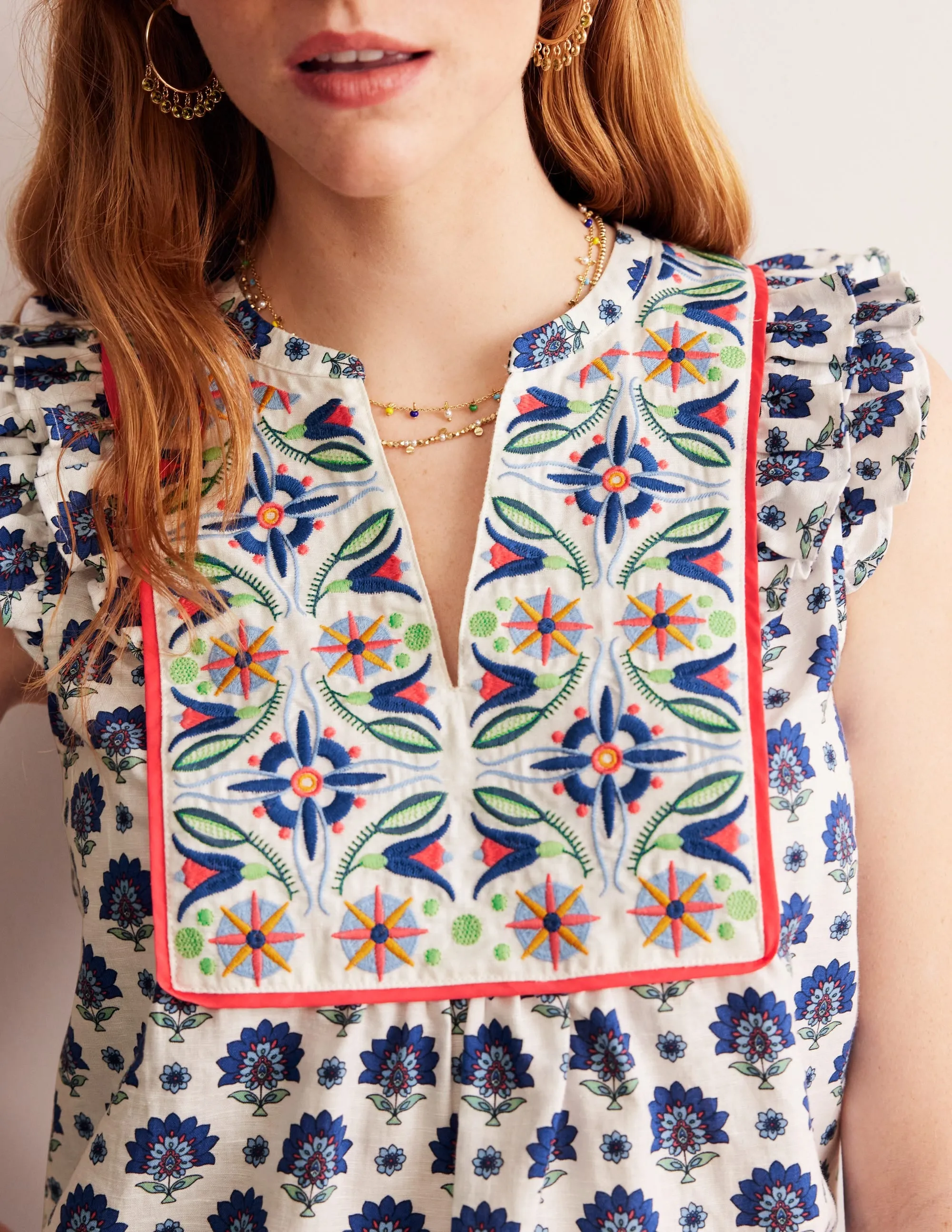Frill Detail Embroidered Top-Bright Blue, Passion Geo