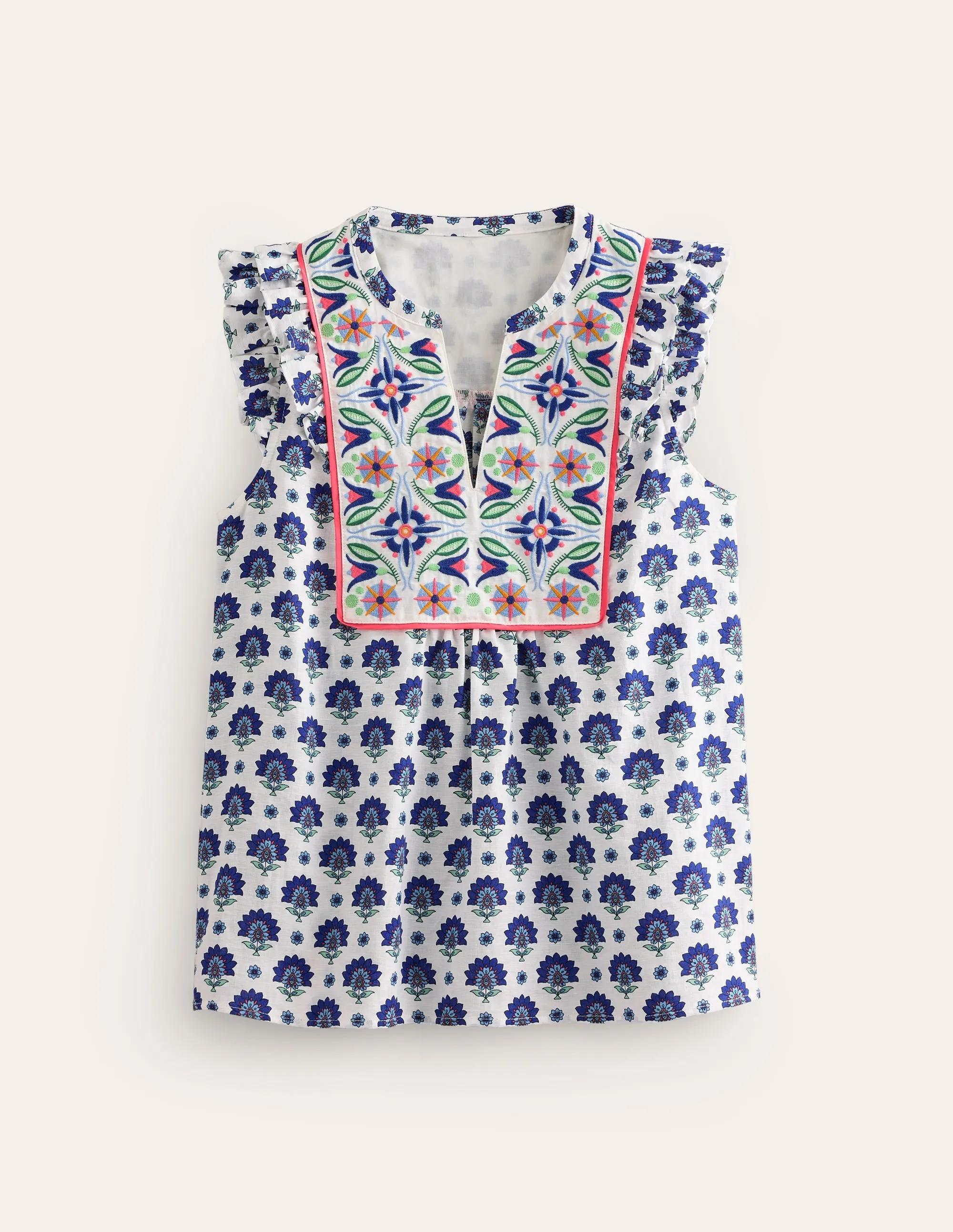 Frill Detail Embroidered Top-Bright Blue, Passion Geo