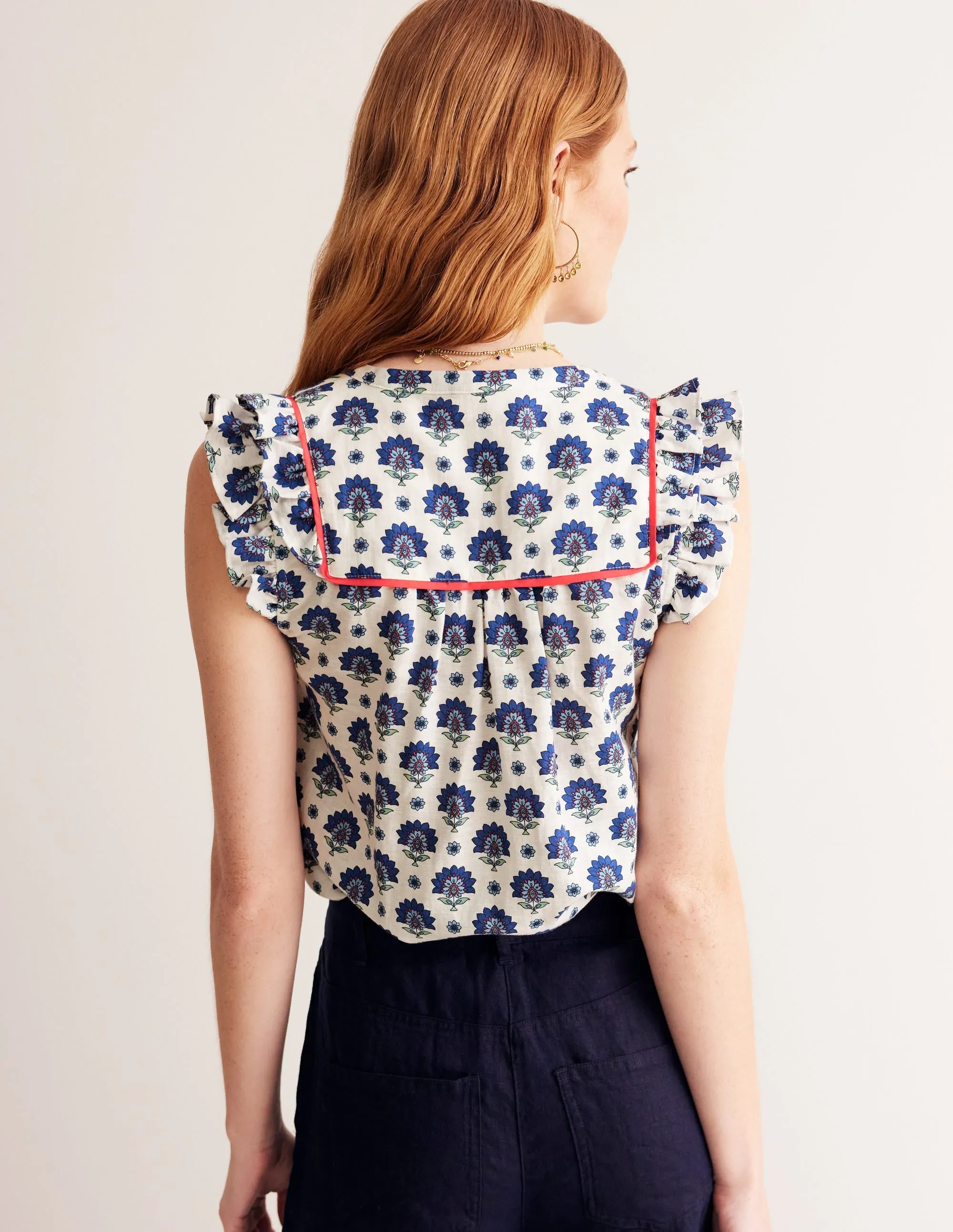 Frill Detail Embroidered Top-Bright Blue, Passion Geo