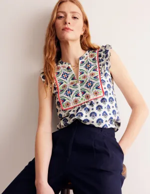 Frill Detail Embroidered Top-Bright Blue, Passion Geo