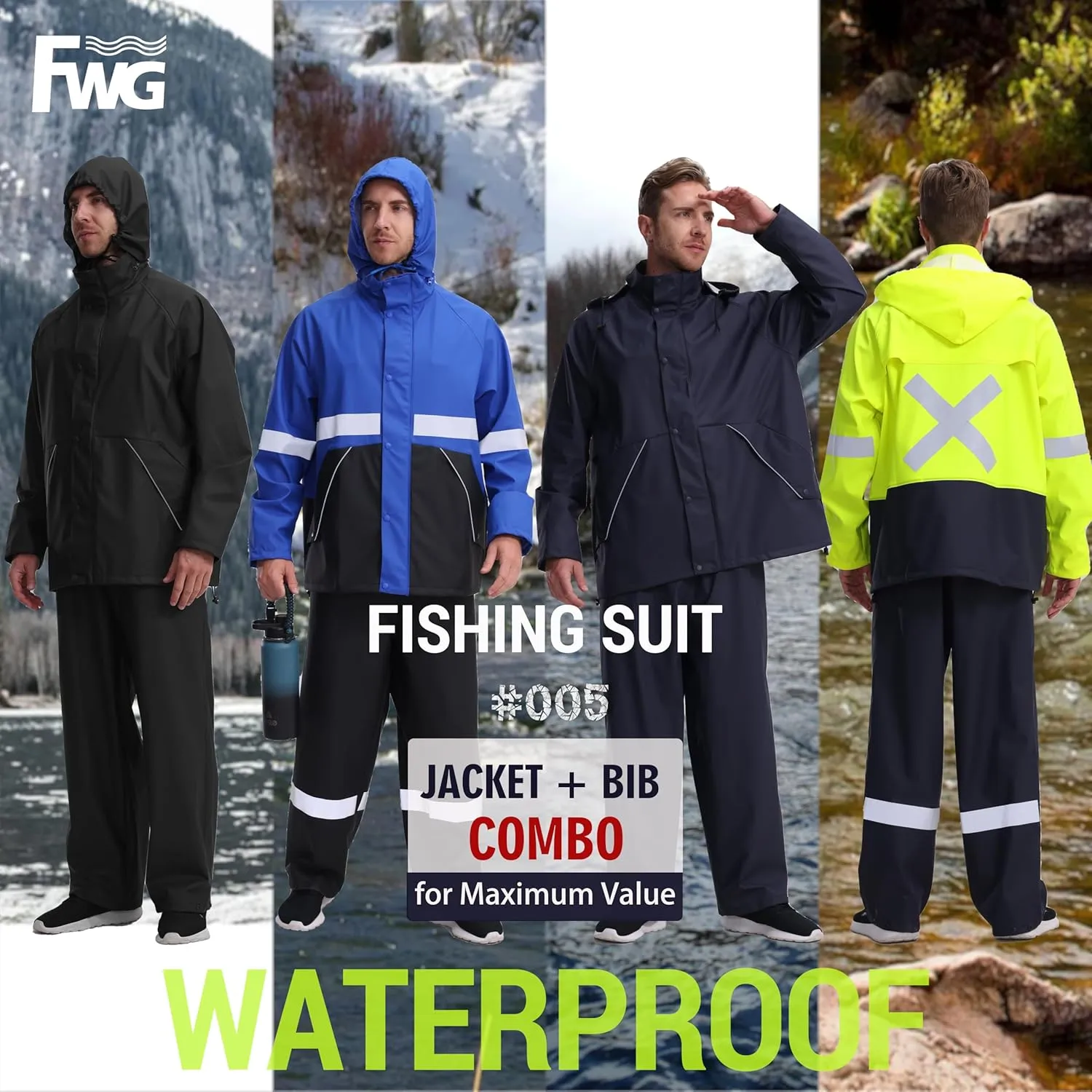 FWG Men's Workwear PRO Rain Suit - Ultimate Safety & Comfort | Waterproof, Durable PU Jacket & Bib Pants Set.