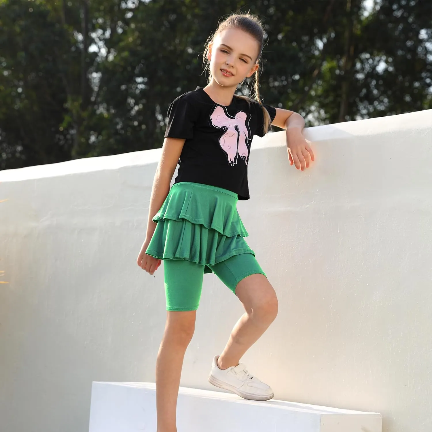 Girls 4-12 Years Knee-Length Skirted Leggings, Summer Stretchy Athletic Pants for Toddler Kids - Breathable & Durable