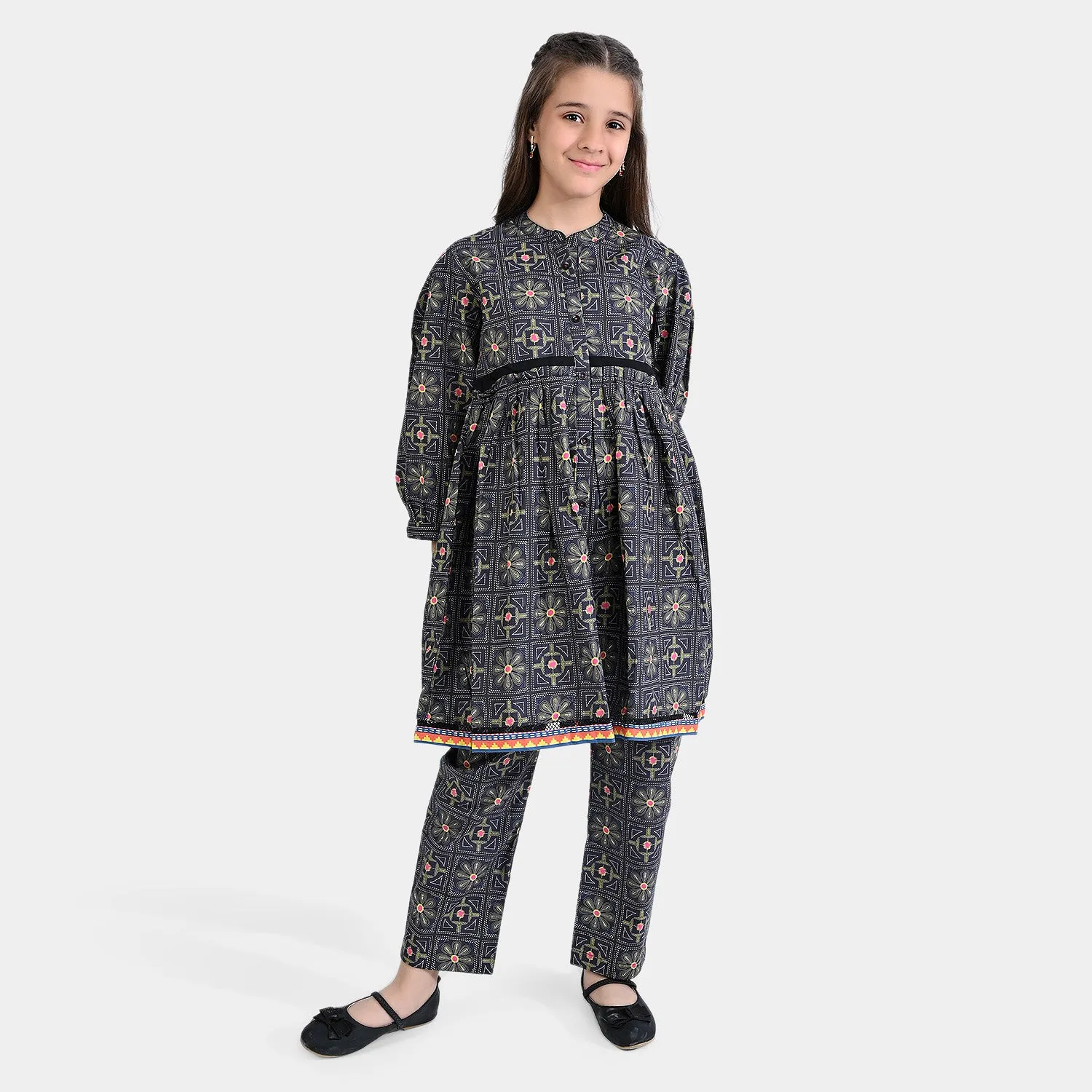 Girls Cotton Poplin Printed 2 PCs Suit Kantha-BLACK