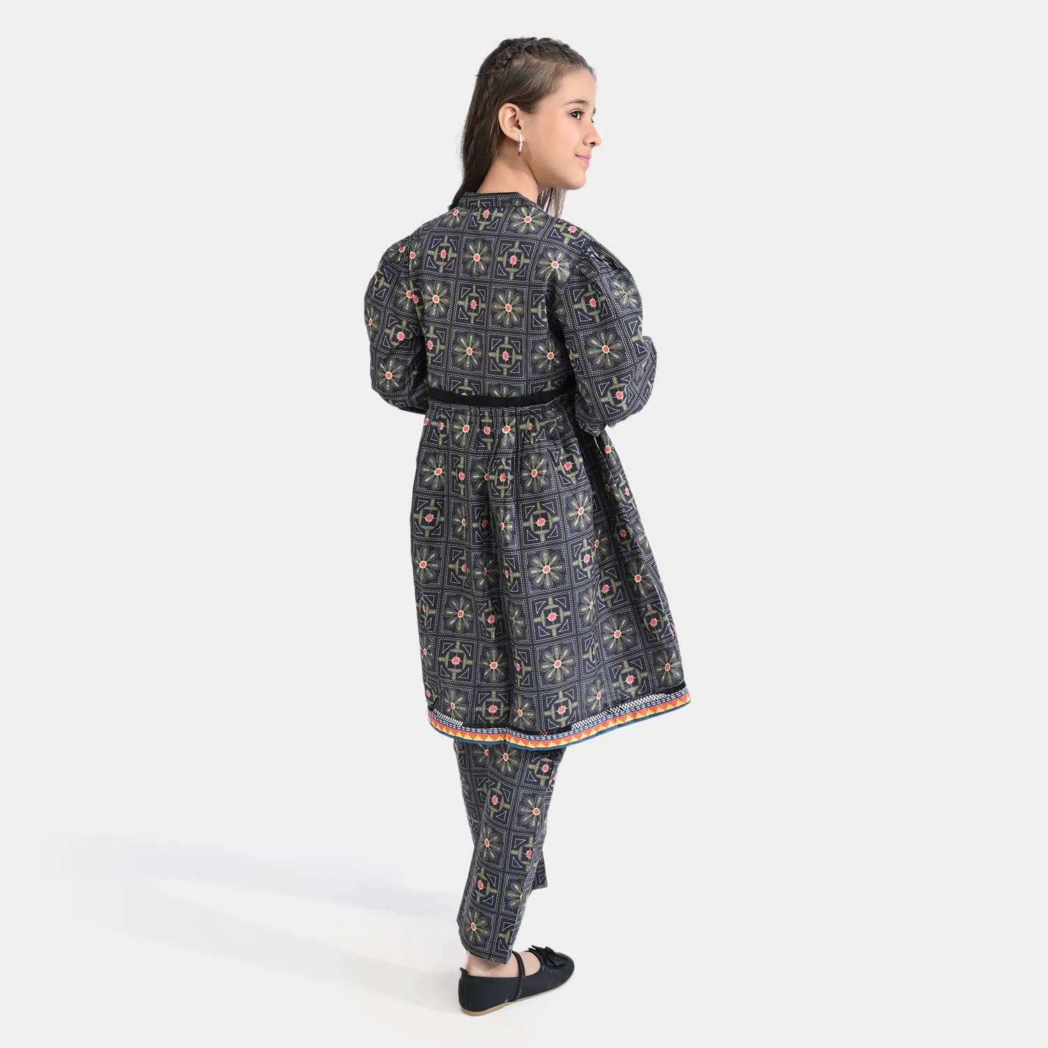 Girls Cotton Poplin Printed 2 PCs Suit Kantha-BLACK