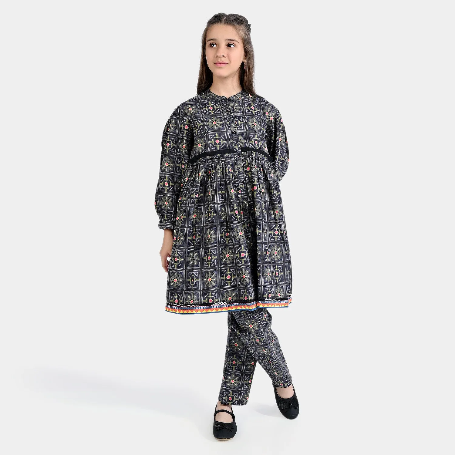 Girls Cotton Poplin Printed 2 PCs Suit Kantha-BLACK