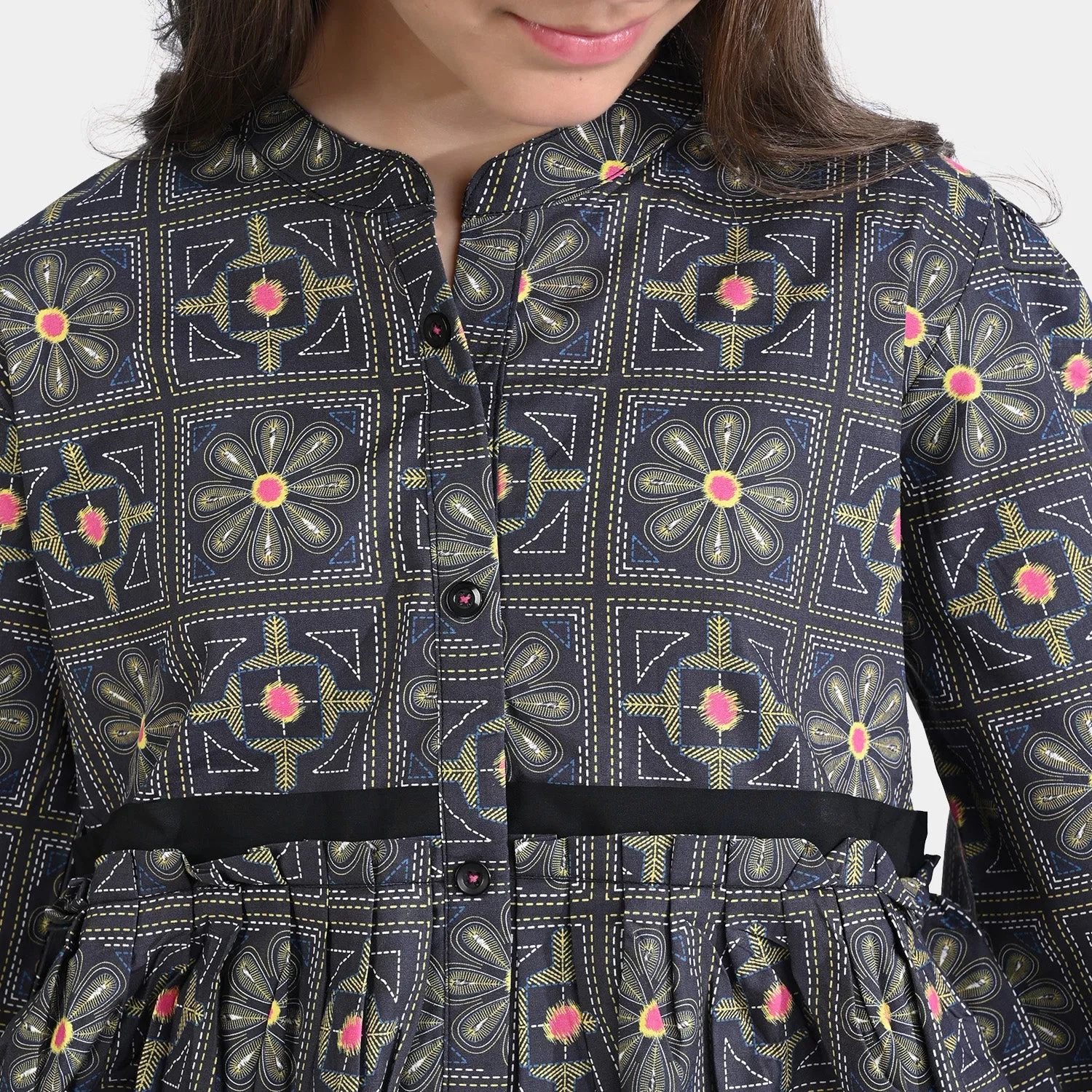 Girls Cotton Poplin Printed 2 PCs Suit Kantha-BLACK