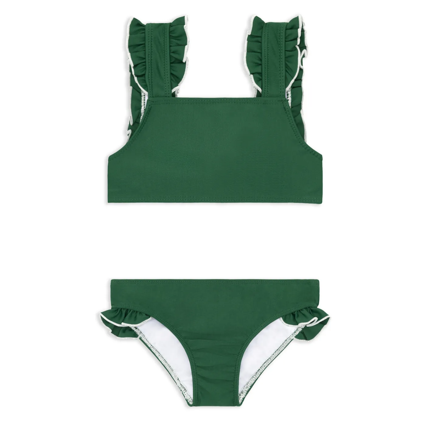 girls evergreen ruffle strap bikini with white lettuce edge trim