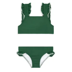 girls evergreen ruffle strap bikini with white lettuce edge trim