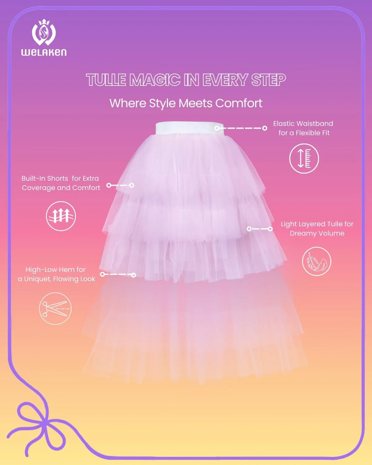 Girls Layered Tutu Skirts Elastic Waist Tulle High-Low Skorts Dance Party Outfits