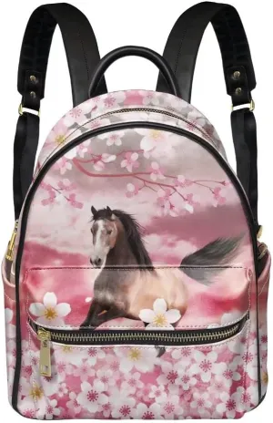 GLENLCWE Cherry Blossom Horse Backpack Purse for Women,Floral Design PU Leather Backpack Durable Shoulder Bag Durable