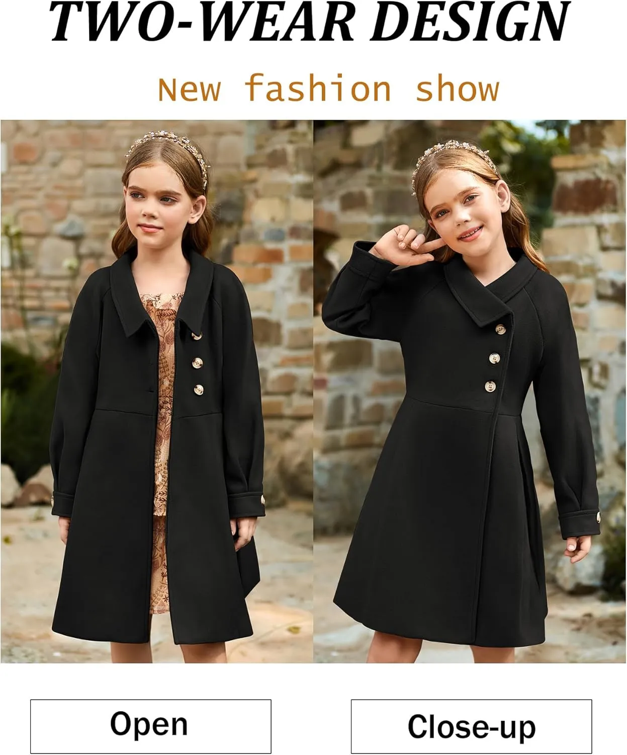 GRACE KARIN Girls Dress Coat Kids Wool Lapel Long Button Jackets Fall Winter Outerwear Peacoat with Pockets 5-12Y